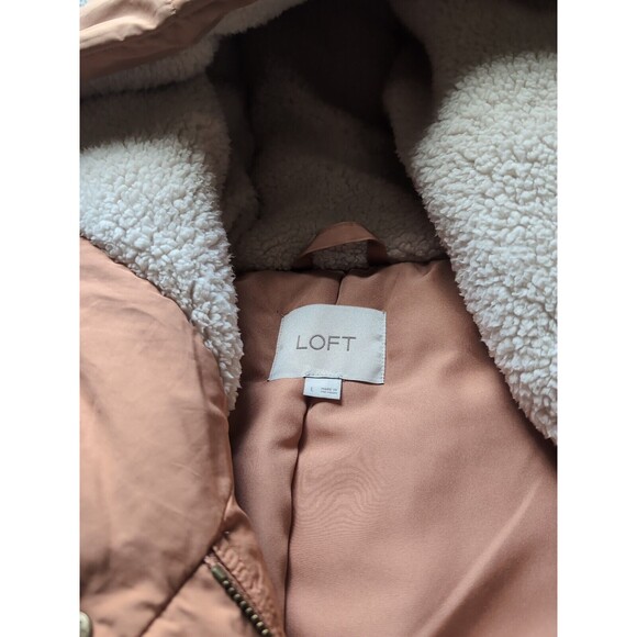 LOFT Women's L Mauve Pink Puffer Duvet Coat Jacket Mid Length Hood & Pockets - Picture 4 of 12